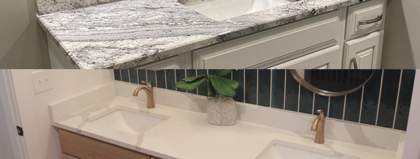 Side-by-side picture of granite vs. quartz countertops.